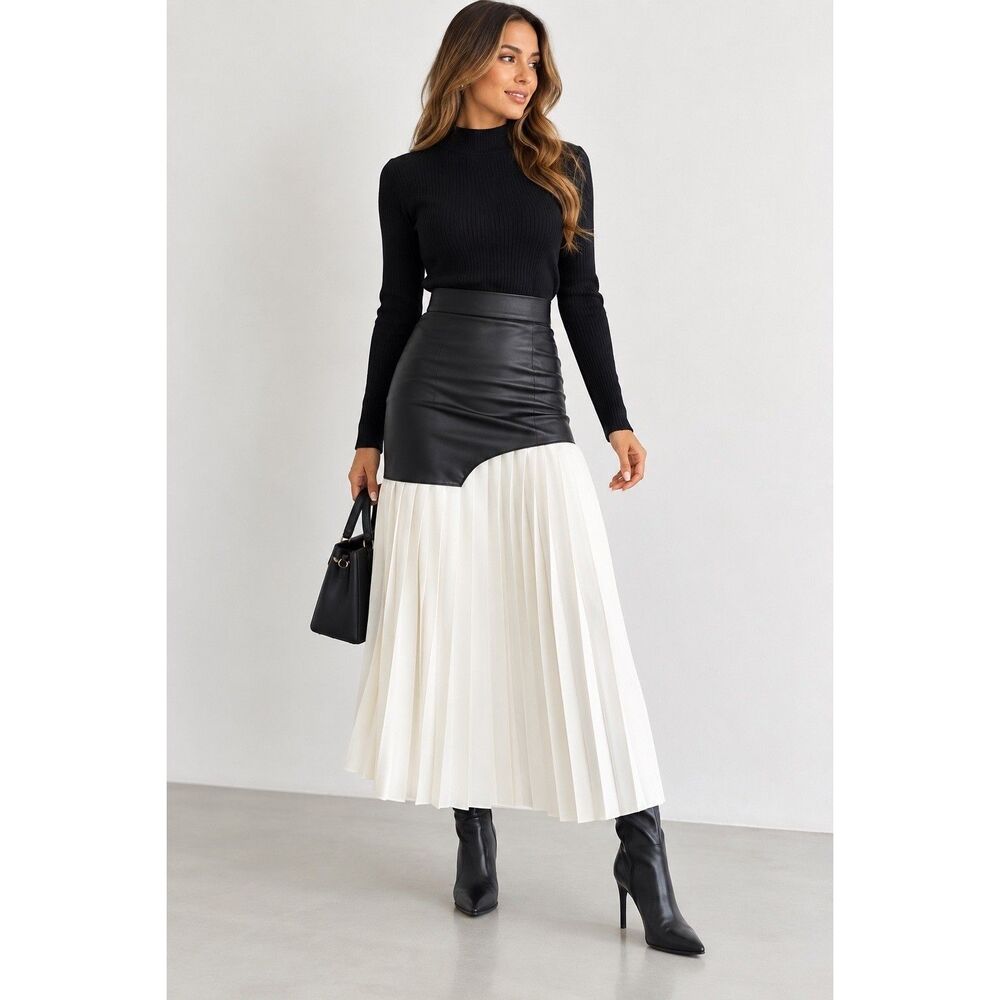 COMMENSE Black & White Asymmetric Faux Leather Pleated Midi Skirt Size XS NWT